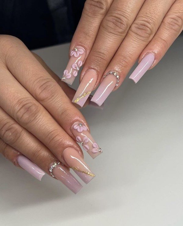 Lilac square nails with floral nail art