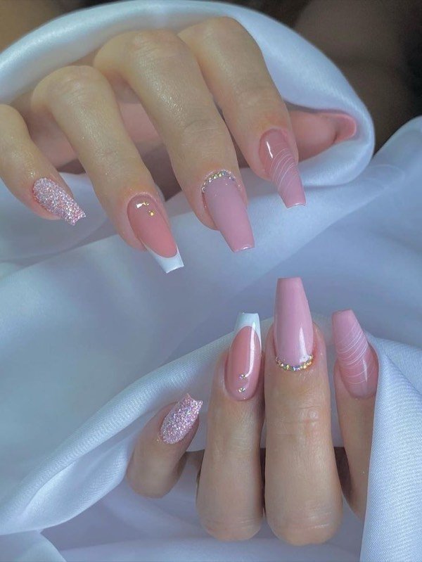 Pink coffin nails with white tips and crystals